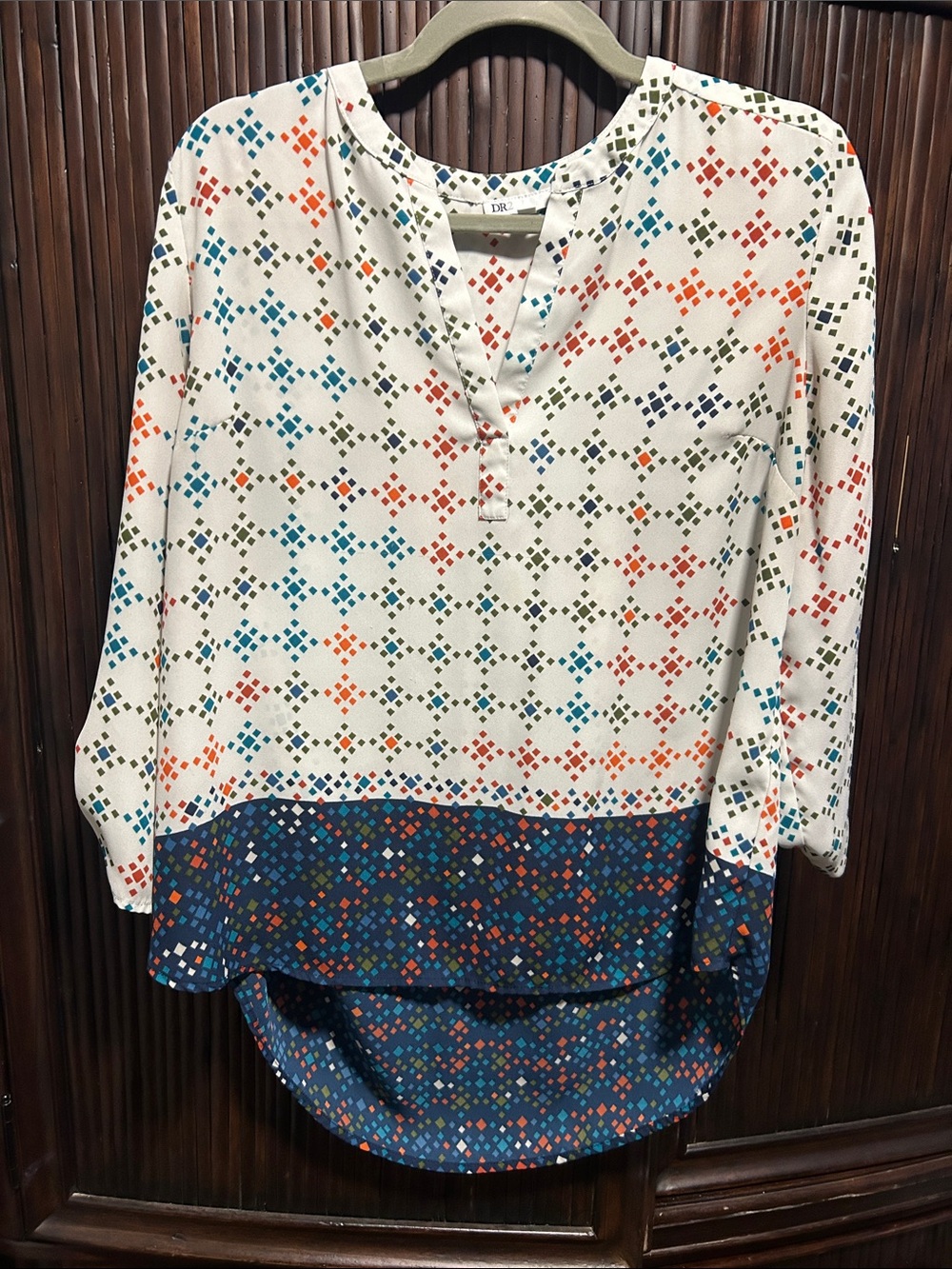 DR2 Cream Tunic with Navy Geometric Border and Multi-Color Print